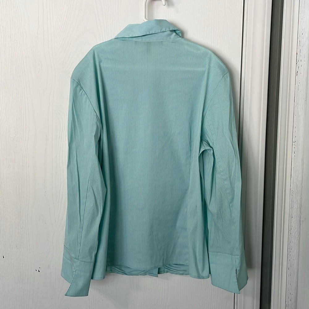 Lafayette 148 New York NWOT Striped Blue/White Ruffled Button Down Size 10 - Picture 7 of 8